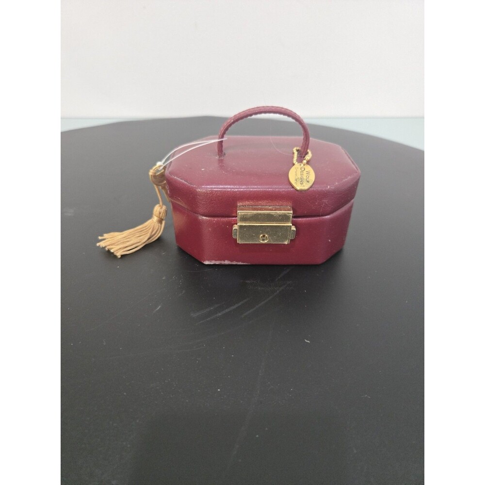 Vintage Wolf Designs Red Leather Jewelry Case Hexagon Travel Box w Key Gold...